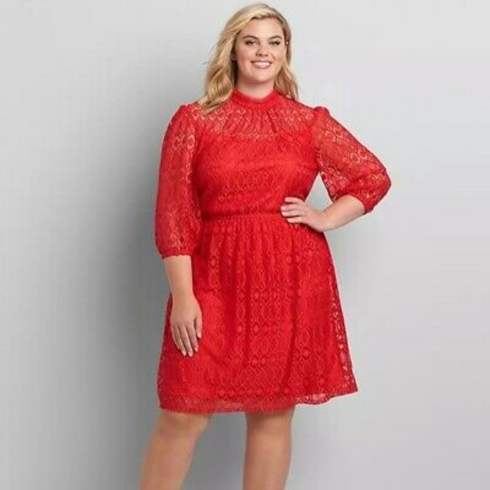 Lane Bryant SIZE 18P Red Midi Fit& Flare Mock Neck Red Lace Dress